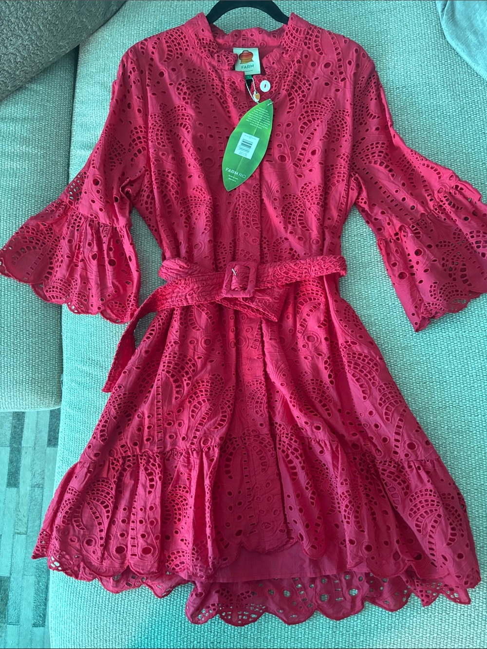 New Farm Rio Seed Heritage Red Eyelet Belted Dress with Bell Sleeves